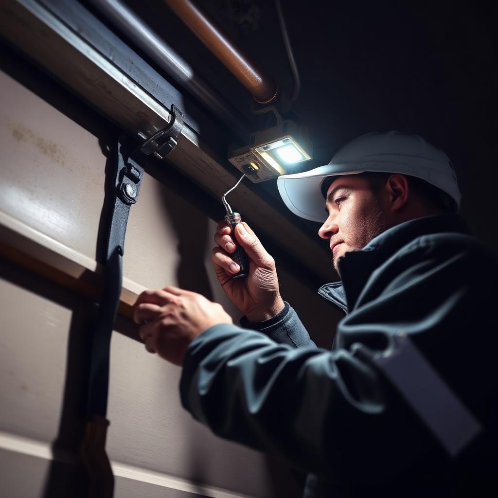 Emergency garage door repair technician working at night with work lights